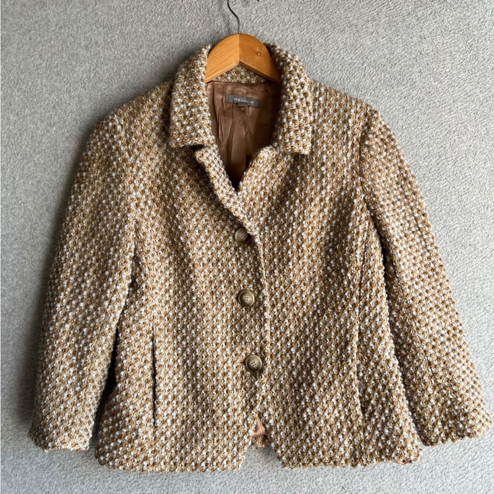 Ann Taylor Tan and Cream Bouclé Button Blazer